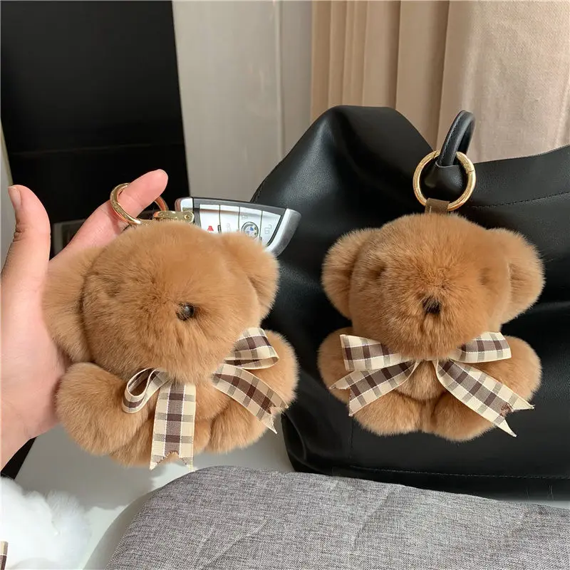 

[Cute Little Brown Bear] сумка из натурального кролика рекс подвеска плюшевая Кла брелок для автомобиля подарок на день рождения