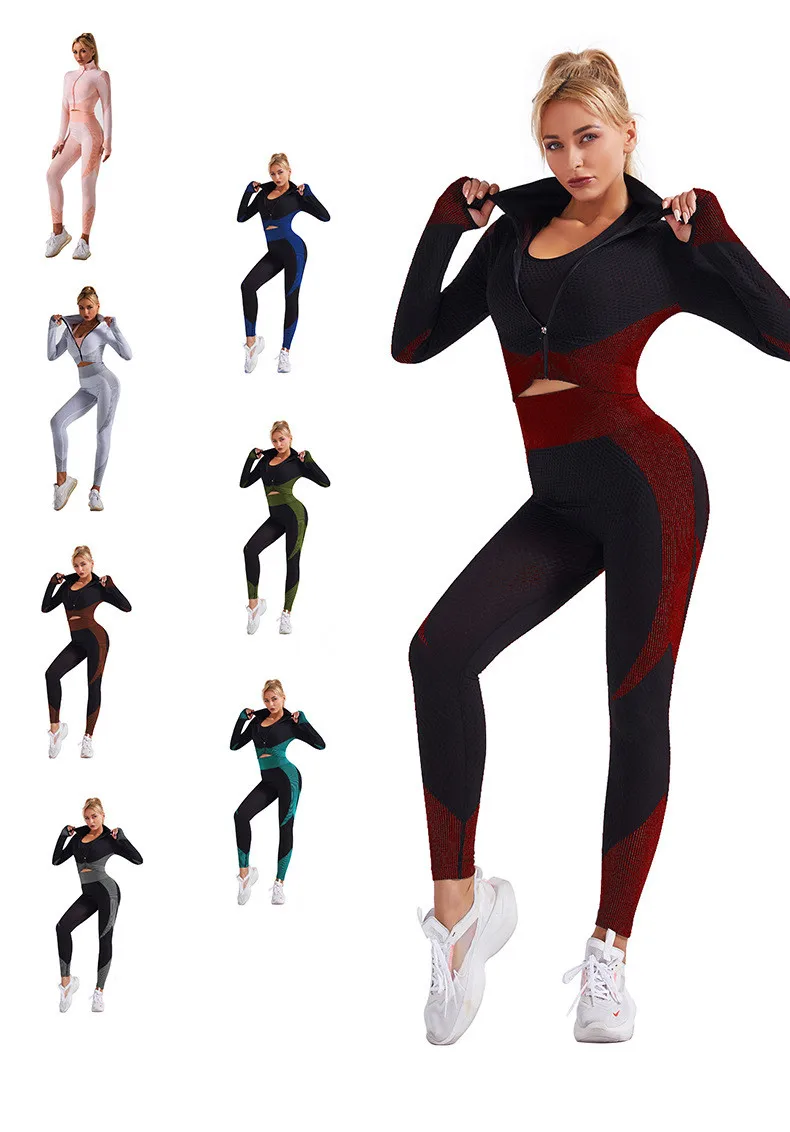 

Women's Seamless Yoga Set Gym Sportswear Long Sleeve Fitness Crop Top High Waist Leggings and Sports Bra Yoga Set High Stretch