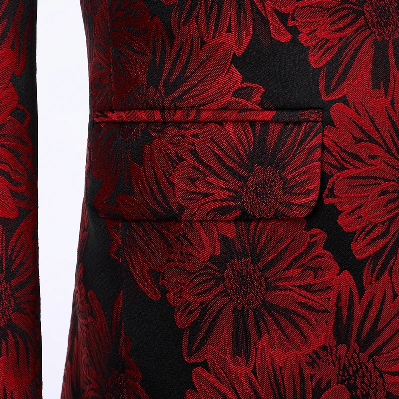 Мужской блейзер для жениха красный облегающий пиджак с цветочным принтом брюки