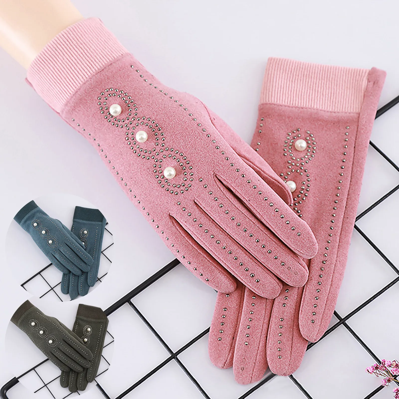 

Drop Ship Elegant Lady Pearl Beads Solid Full Finger Wrist Gloves Women Girls Winter Warm Riding Cycling Gloves Mitten N26