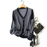 shuchan navy blue knitted cardigan pockets england style single breasted plaid v neck100 cashmere a straight fall clothes women