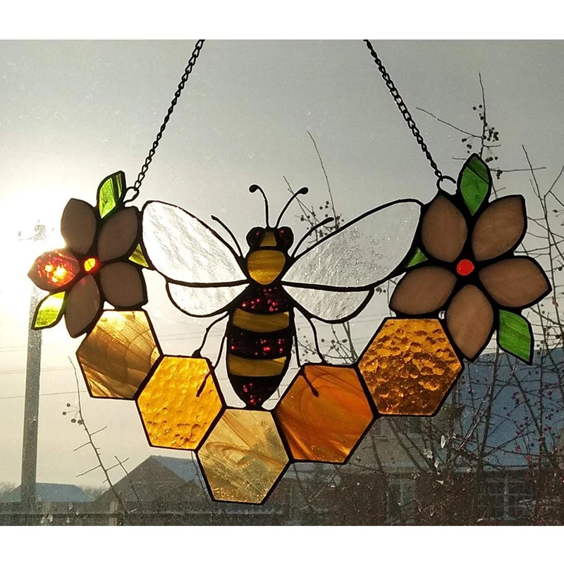 

Queen & Bee Protect Honey Suncatcher Honeycomb Hanging Decor Honeybee Mosaic Window Hanging Ornament Wall Art Home Decor