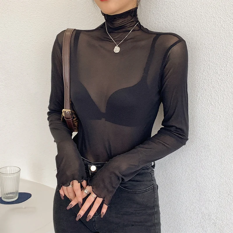 

Fashion women's lace blouse 2020 new high-neck lace inner with wood ears mesh bottoming shirt