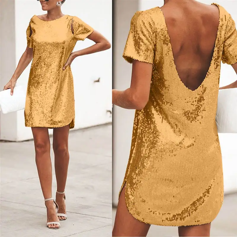 Женское платье расшитое блестками с коротким рукавом летнее прямое серебряное