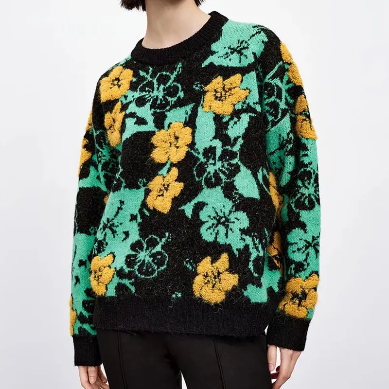 

Женский жаккардовый свитер Za, вязаный свитер, Женский пуловер, топы 2022, модные утепленные Повседневные свитера с длинным рукавом, джемпер