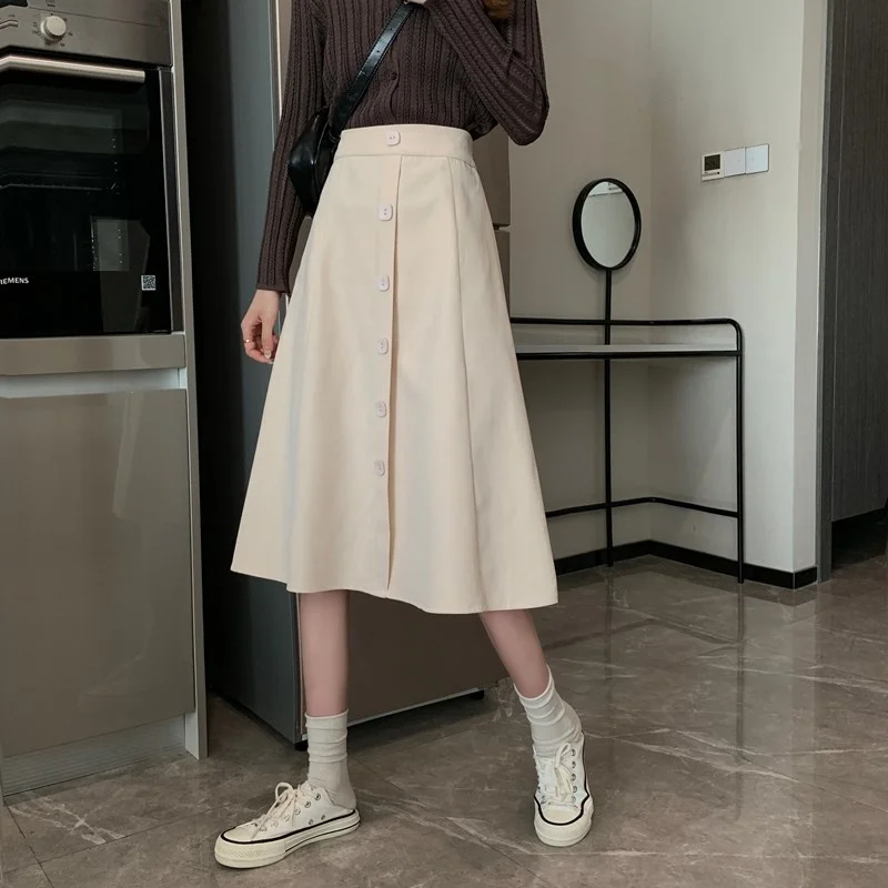 Новинка весна-осень 2021 универсальная тонкая юбка средней длины на пуговицах