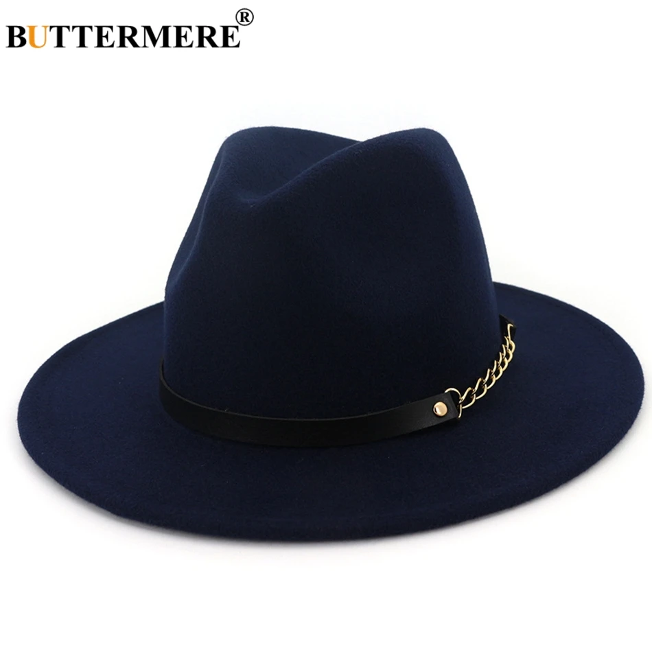 

BUTTERMERE Fedora Wide Brim Felt Hat Women Navy Blue Casual Jazz Hats Men With Chain Solid Classic Autumn Winter Jazz Caps Red