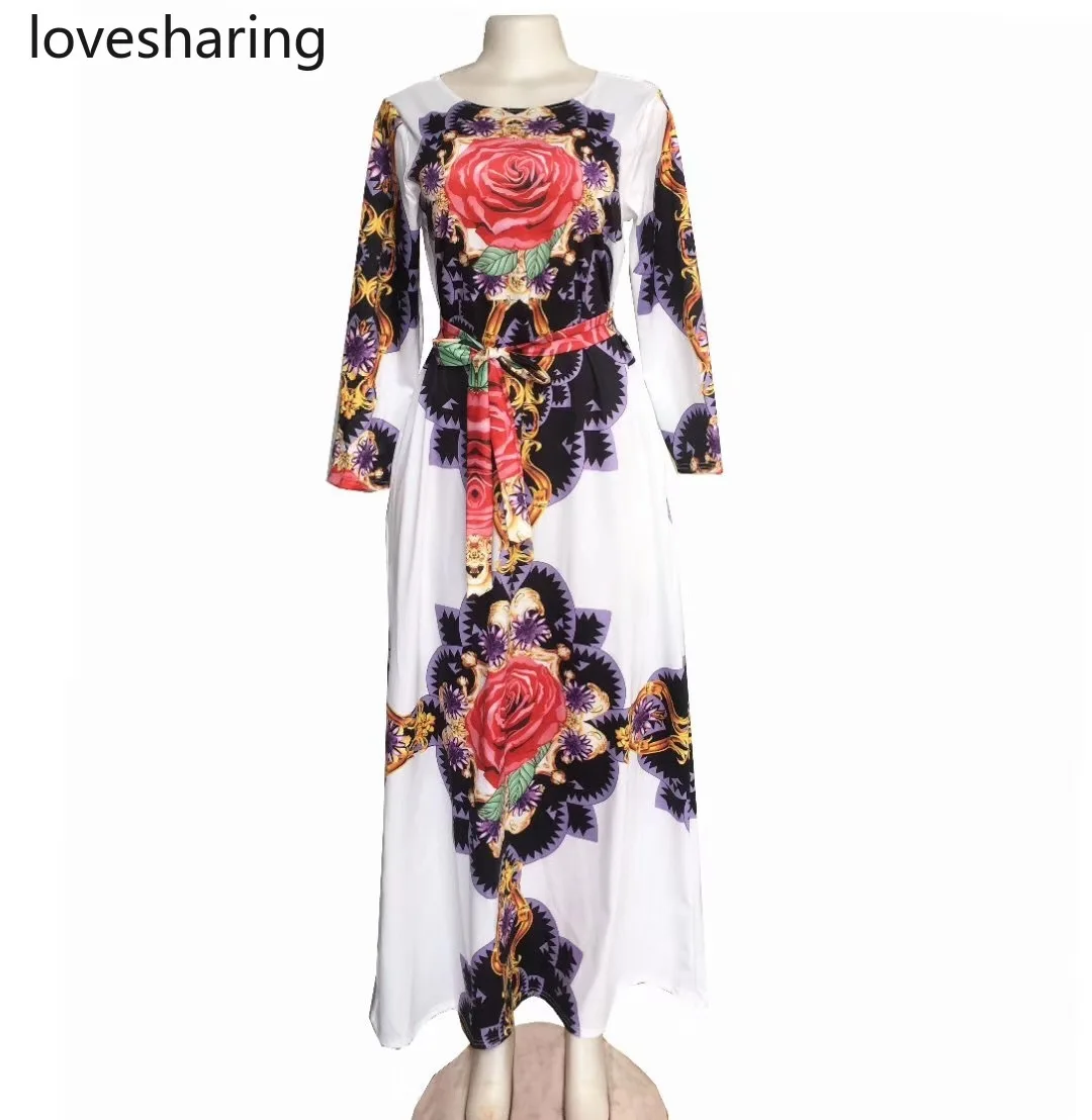 Платье с принтом женское платье розами и длинным рукавом круглым вырезом