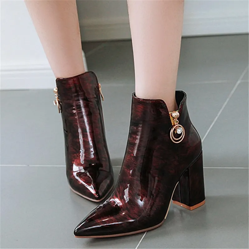 

The New Patent Leather Ankle Boots Women winter Autumn pointed toe High Heel Zipper Boots Metal decoration warm Woman Shoes