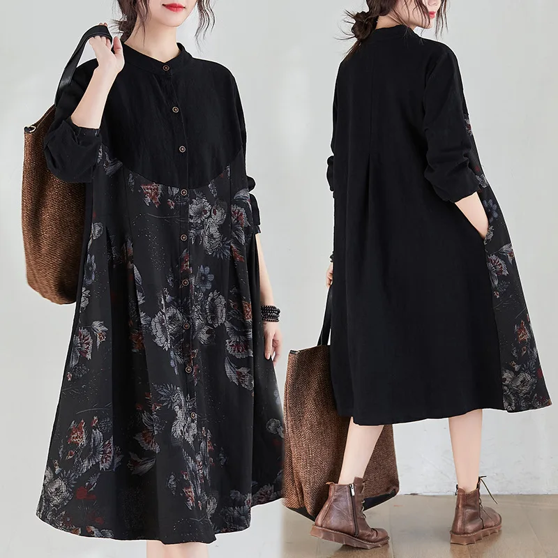 

Женское платье-рубашка с длинным рукавом, черное свободное приталенное платье с цветочным принтом в Корейском стиле ретро, осень 2022
