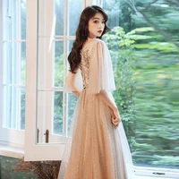 special occasion dresses illusion v neck half beading embroidery sequined a line luxury khaki tulle lace women prom gown e931
