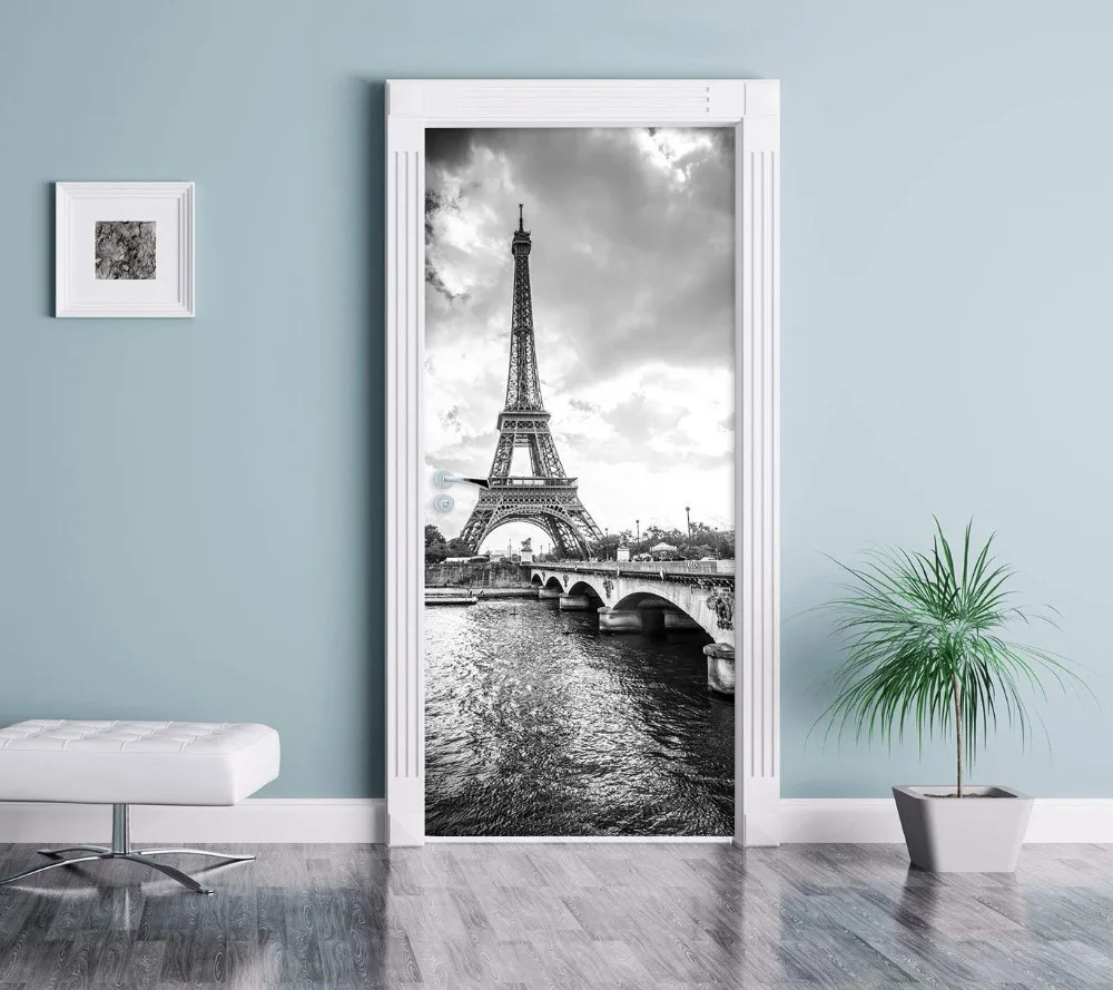 3D Дверной мурал Чёрно-белая пара стикеров Эйфелевой башни на обоях стены фото наклейка самоклеющаяся обёртка на дверь.