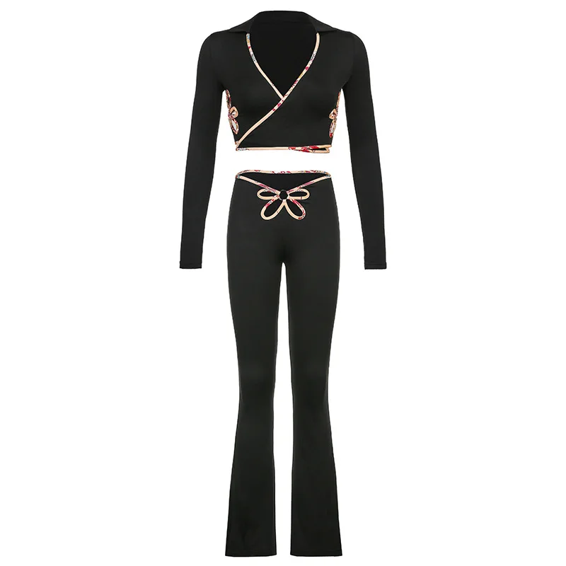 

Street sexy halter neck cutout straps ruffle halter vest high waist casual pants suit two piece suit