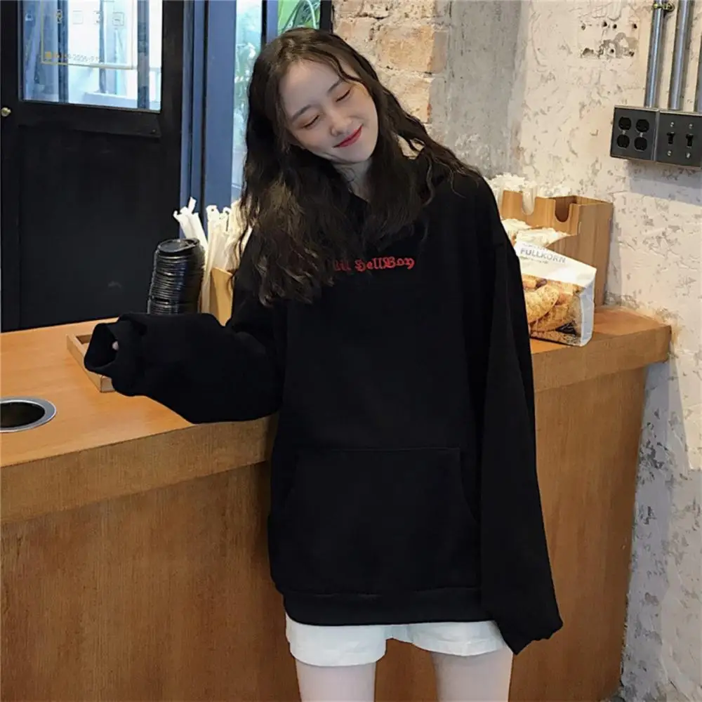 Dropshipping! Hooded sweater women early spring and autumn loose Korean letter printing devil hood sweatshirt plush warm hoodie
