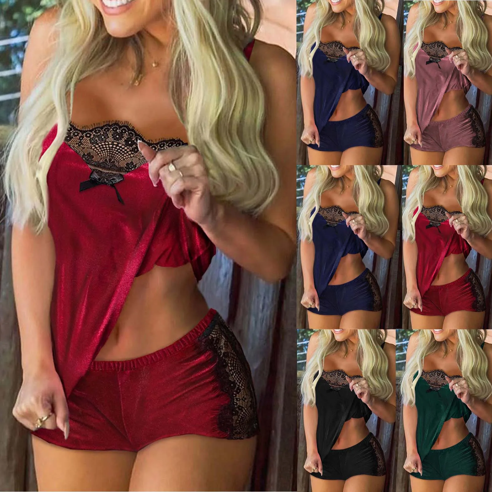 

Women Sexy Pajamas Set Sexy Lace Spaghetti Strap Lingerie Sleepwear Suit Casual V-Neck Female 2 Piece Nightwear Shorts Set 2021