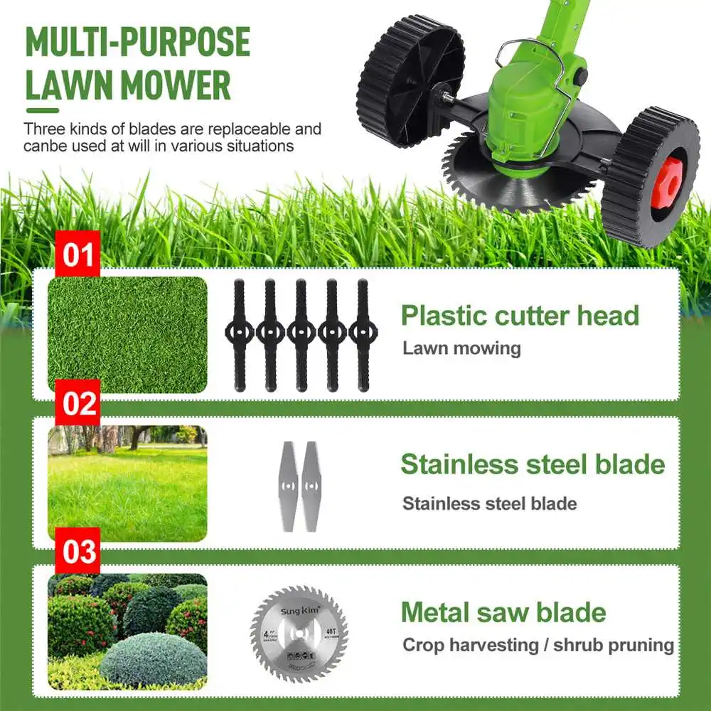 21V 1200W Cordless Grass Trimmer Electric Lawn Mower Length Adjustable Garden Pruning Cutter Tools With 2 Battery& Double Wheels