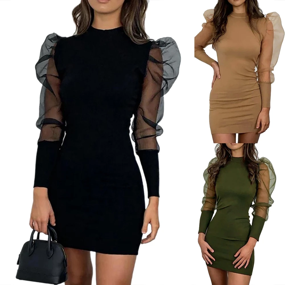 Женское трикотажное платье в горошек облегающее Сетчатое рубчик с пышными