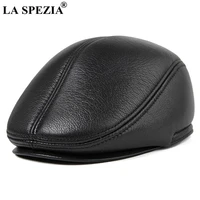 la spezia winter flat caps beret men black warm duckbill hat ivy male earflaps thicker genuine leather solid classic driving cap