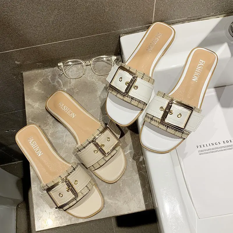 

2021 New Fashion Summer Shoes Woman Slides Slippers Outside Shoes Button Women Flat Shoes Zapatillas de verano para mujer