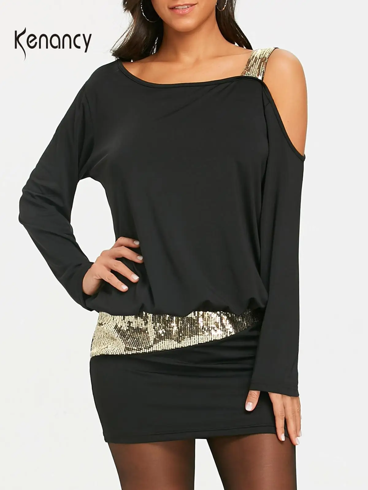 Женское облегающее платье Kenancy мини с длинным рукавом открытыми плечами и