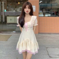 japanese sweet soft girl preppy style dress for women korean kawaii lace bandage bow cute puff sleeve a line slim princess dress