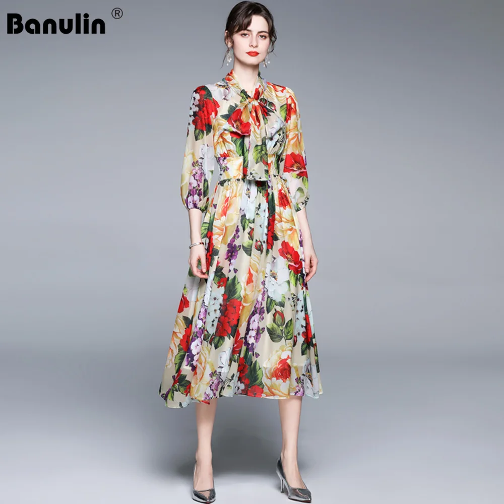 Banulin Women Bow Collar Floral Print Holiday Party Elegant Midi Dress 2021 Summer Fashion Runway Vacation Chiffon