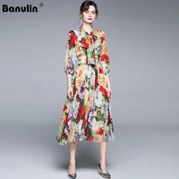 banulin women bow collar floral print holiday party elegant midi dress 2021 summer fashion runway vacation chiffon dress