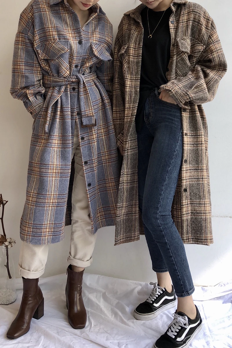 

Korean chic retro British style hit color plaid lapel single-breasted wide loose long-sleeved woolen coat coat