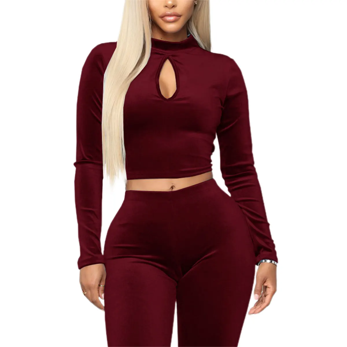 Женский комплект Осенний бархатный облегающий топ с вырезом и длинными