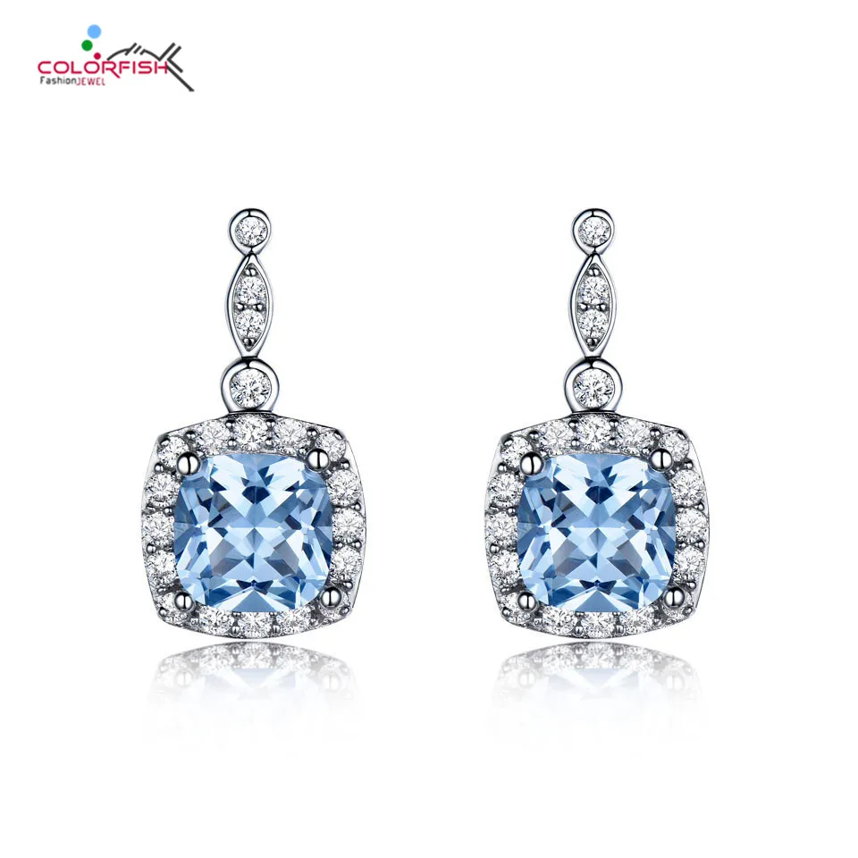 

COLORFISH Real 925 Sterling Silver Charm Sky Blue Topaz Gem Stone Simulated Diamond Drape Earring For Women Crystals Accessory