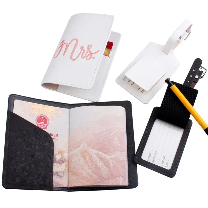 

1Set PU Leather Luggage Bag Tag Embroidery Mr./Mrs. Passport Case Cover Wallet for Couples Honeymoon Travel Organizer J60D