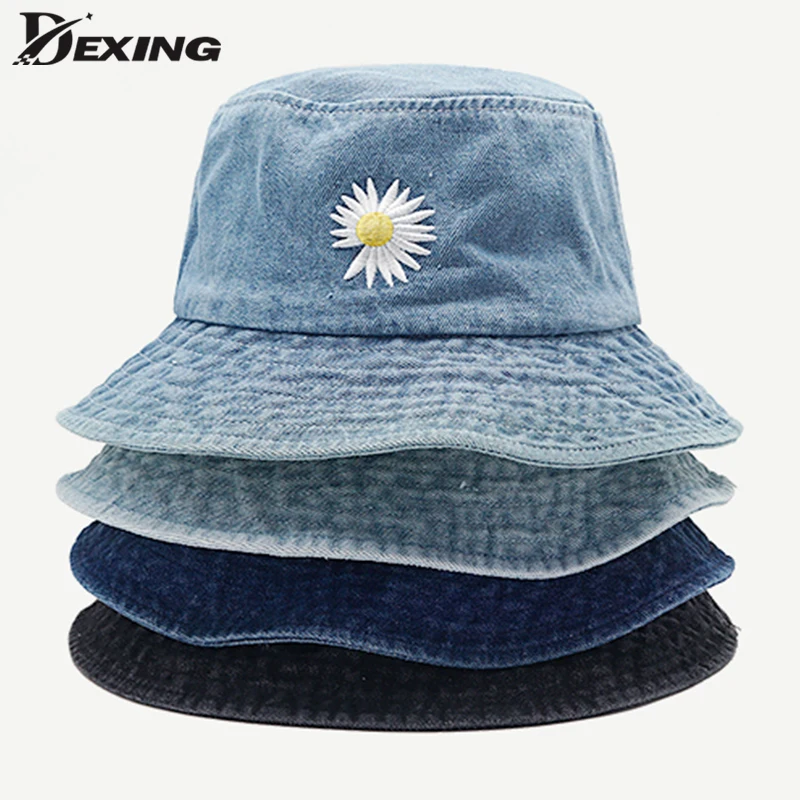 INS Korean Daisy Embroidery Bucket Hat Women Men Panama  Summer Sun Hat Fashion Flower  Bob Washed Denim Fisherman Hat