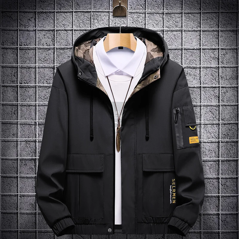 

Мужская куртка 2020, осенняя Повседневная однотонная ветровка с капюшоном, куртка-бомбер, мужская верхняя одежда, пальто на молнии в стиле Хар...