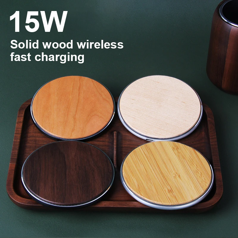 

15W Wireless Charger Pad Round Wooden Fast Charging Dock for Apple iPhone 13 12 Pro Max Mini Samsung Huawei Xiaomi Phones