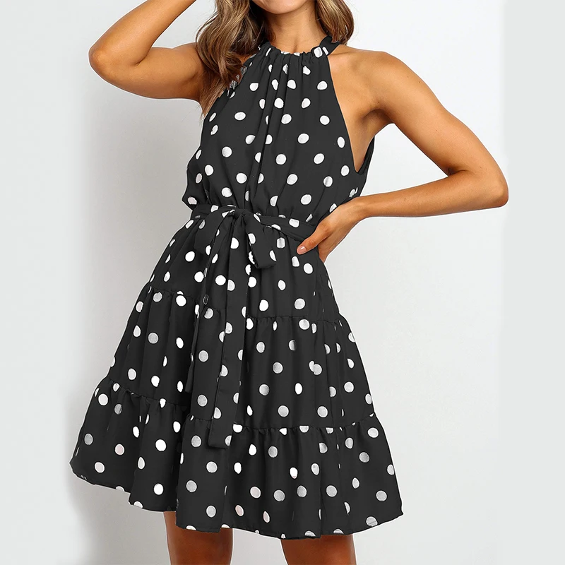

Summer Polka Dot Print Sleeveless Women Mini Dress Casual Loose Streetwear Holiday Sexy Elegant Female Dresses