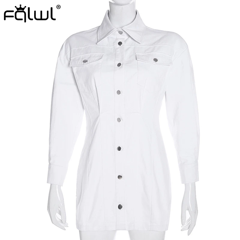 Женское платье-рубашка FQLWL повседневное белое джинсовое платье с длинным рукавом