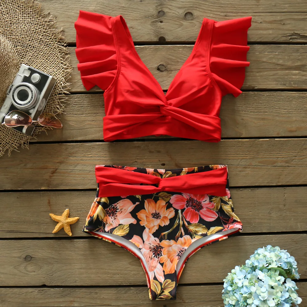 High Waist Ruffled Bikini Set 2021 Sexy Flounce Biquini Swimwear Women Two Pieces Swimsuit Floral Beachwear V-neck Bathing Suit