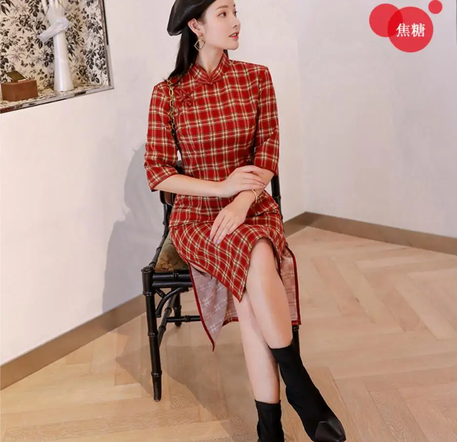 Осень китайский cheongsam qipao женское сексуальное платье с разрезом Женская традиционная одежда винтажная клетчатая qipao красный синий 3XL