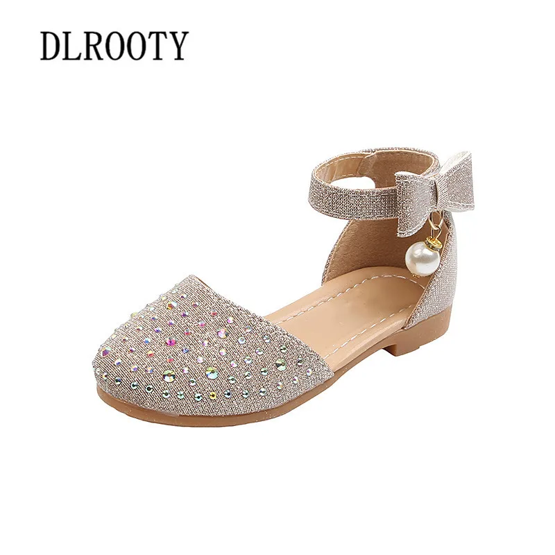 Children Girl Shoes Crystal Bling Princes Party Hook & Loop Bow-Knot Pearl Sneakers Kids Casual Flat Leather Soft Spring Summer