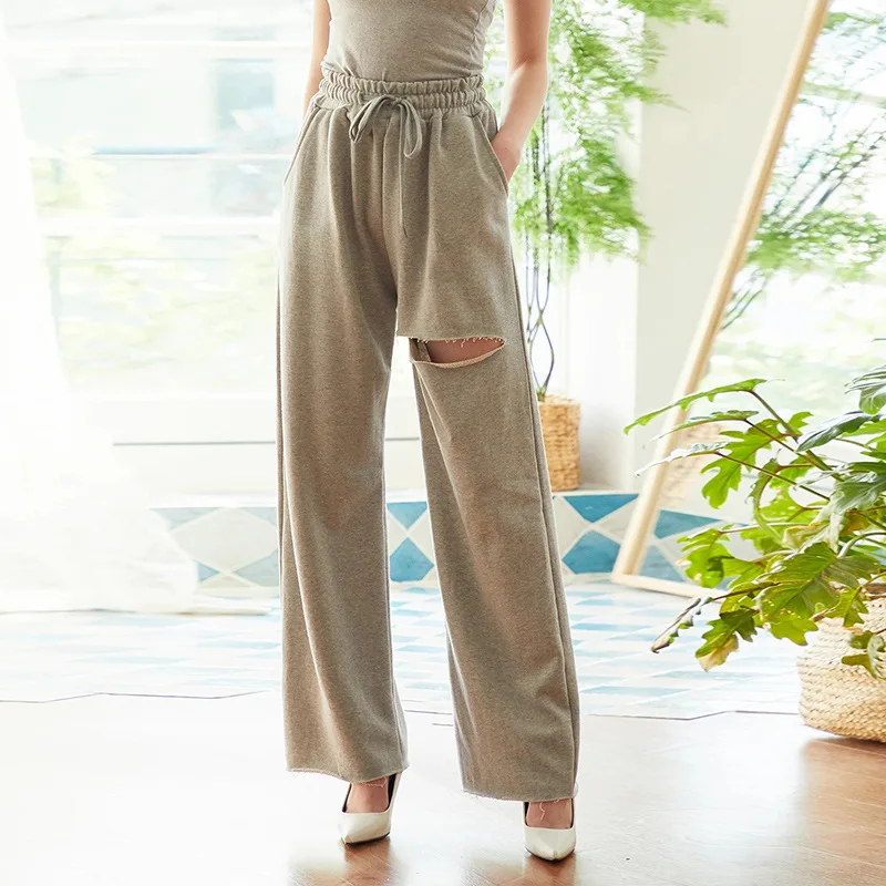 

Baggy Wide Leg Pants Women Casual Streetwear Loose Outfits Hole High Waisted Hip Hop Summer Jogger Pockets Sweatpants