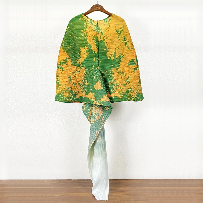 

POPOLLE 2021 Autumn Pleated Bat Sleeve Print Dress Female Temperament Elegant Mid-length Skirt Female Retro Style Long Skirt