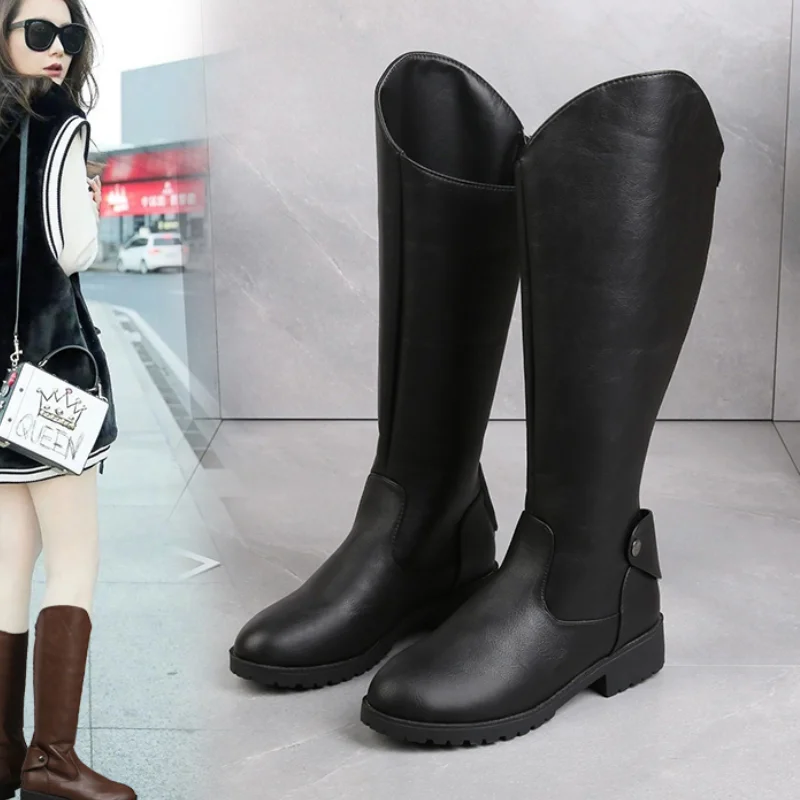 

2021 Fashion Autumn Women Soft PU Leather Boots Ladies Slip On Mid Calf Boots Casual Non Slip Platform Waterproof Knee High Boot
