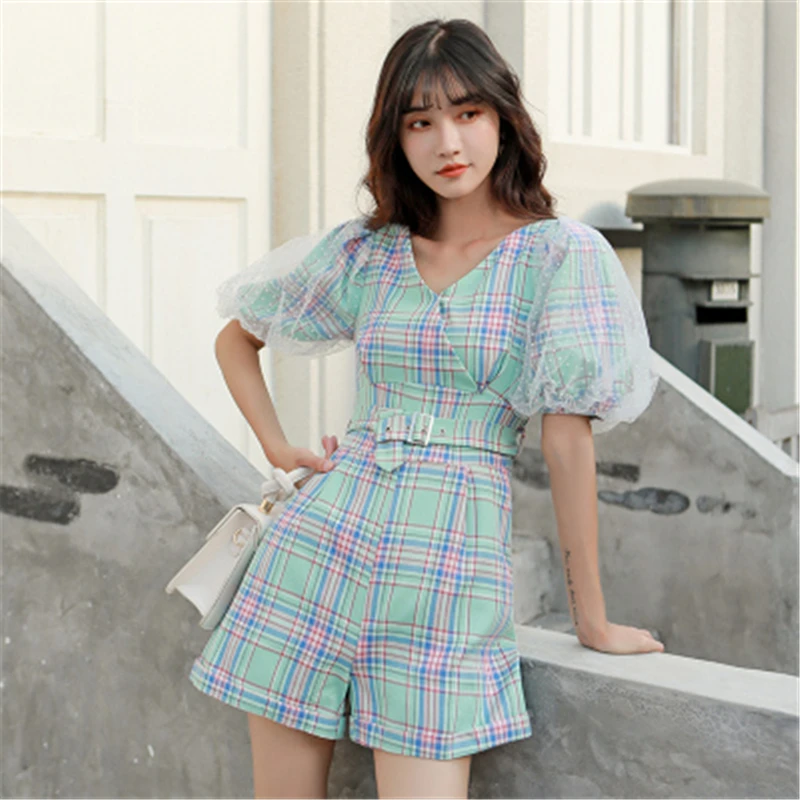 Женский комбинезон с пышными рукавами элегантный сетчатый в стиле пэчворк