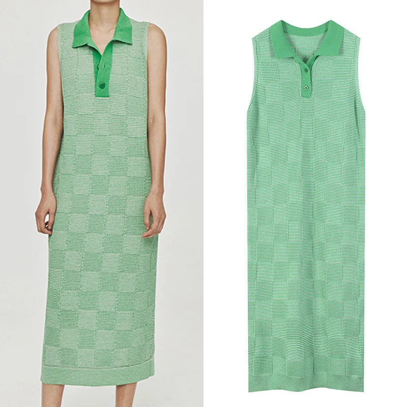 

2021 Women Sweater Knit Dress Summer Sleeveless Green Plaid Midi Casual Robes Vestidos Vintage Harajuku Korean Lady Clothing