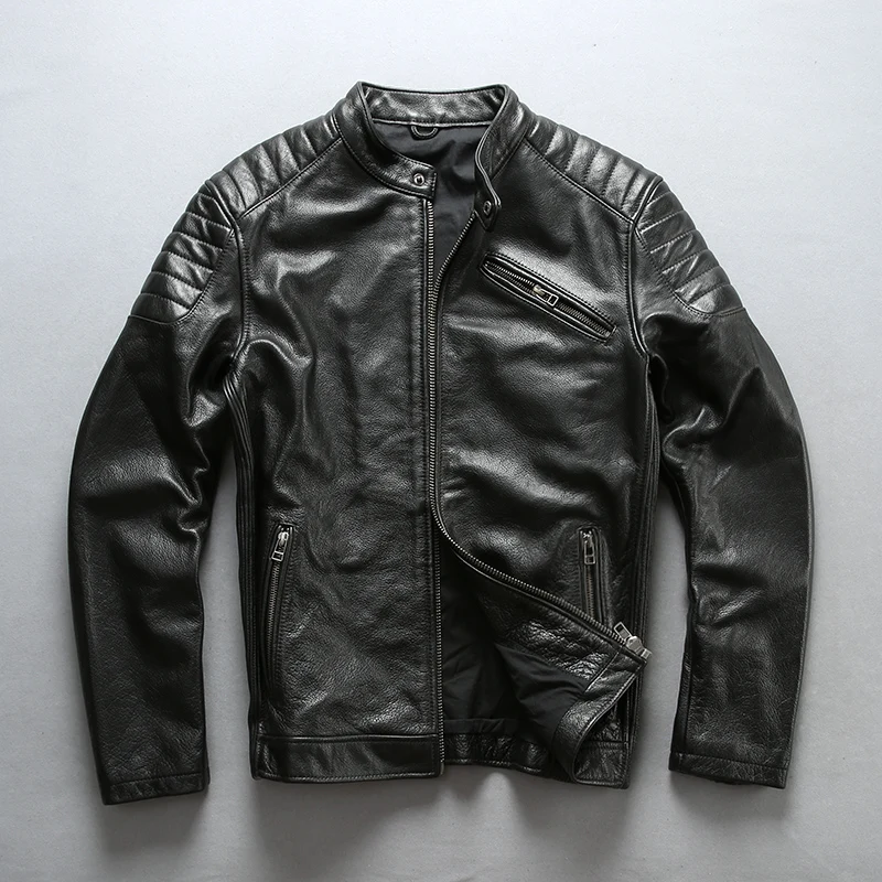 

FIY slim AVIREX stand collar vintage cowhide genuine leather jacket solid motorcycle jacket men casual real leather coat