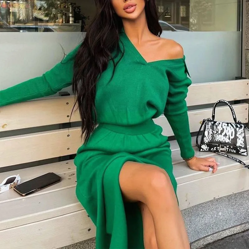 

Knitted Turn-down Collar Split Women's Dresses Solid Elastic Waist Slim Long Sleeve Elegant Female Dress 2021 Winter Lady Dress