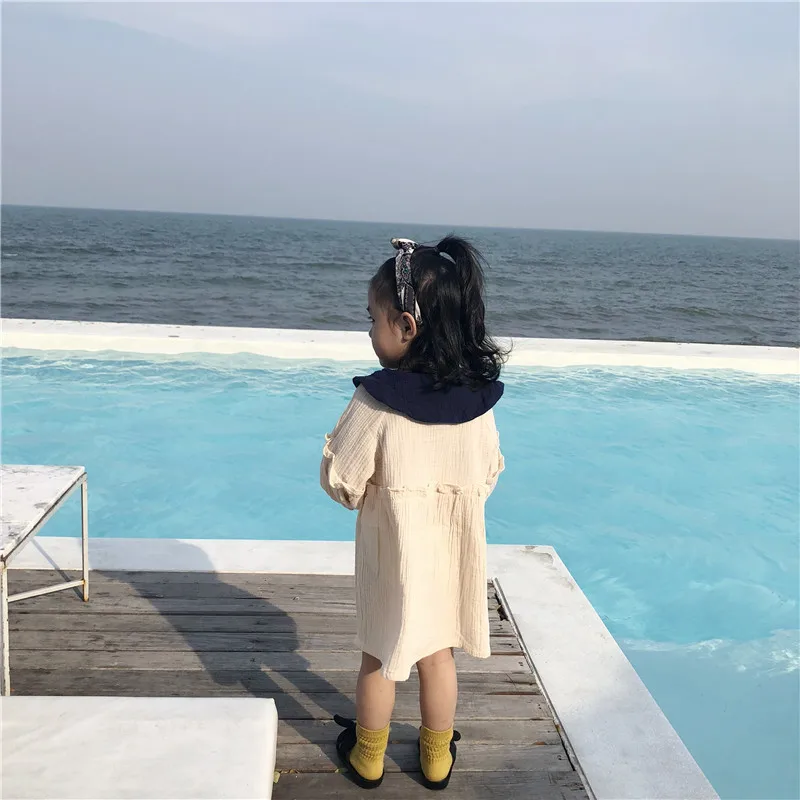 Spring Summer Korean style pure cotton yarn doll collar long sleeve dresses for girls cute kids all-match princess dress | Детская