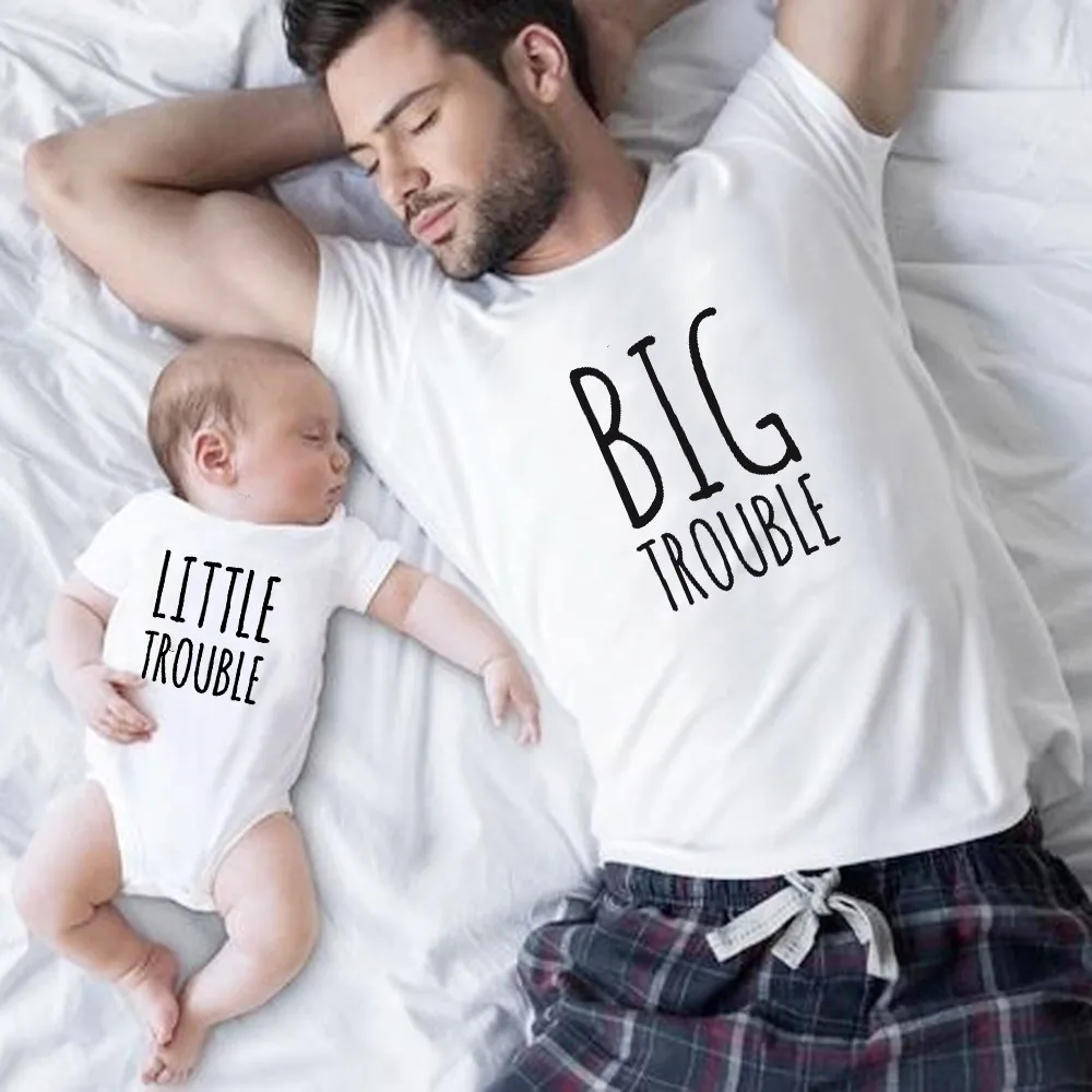 

Big Trouble and Little Trouble Family Matching Clothes Outfits Cotton Dad Daughter Son Tshirt Daddy Baby Girl Boy Romper Clothes