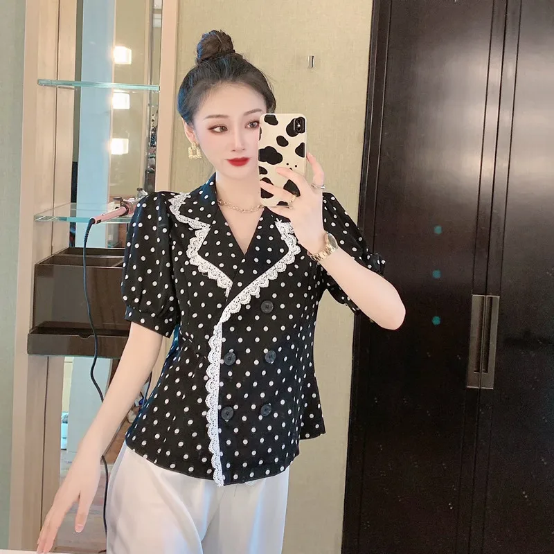 

High Quality Women Blouses Polka Dot Lantern Sleeve Tops Vintage Short Sleeve Chiffon Shirts Summer Sweet Blusas