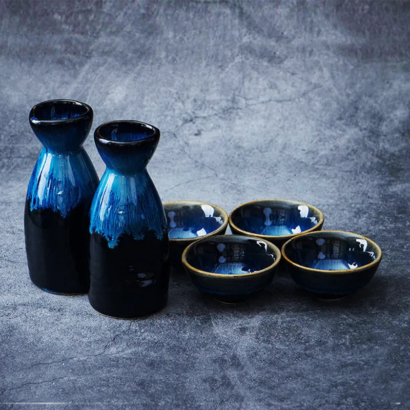 

5Pcs Retro Japanese Sake Set Ceramic Flagon Liquor Cup 1 Pot 4 Cups Home Bar Sake White Wine Pot Creative Drinkware Gifts